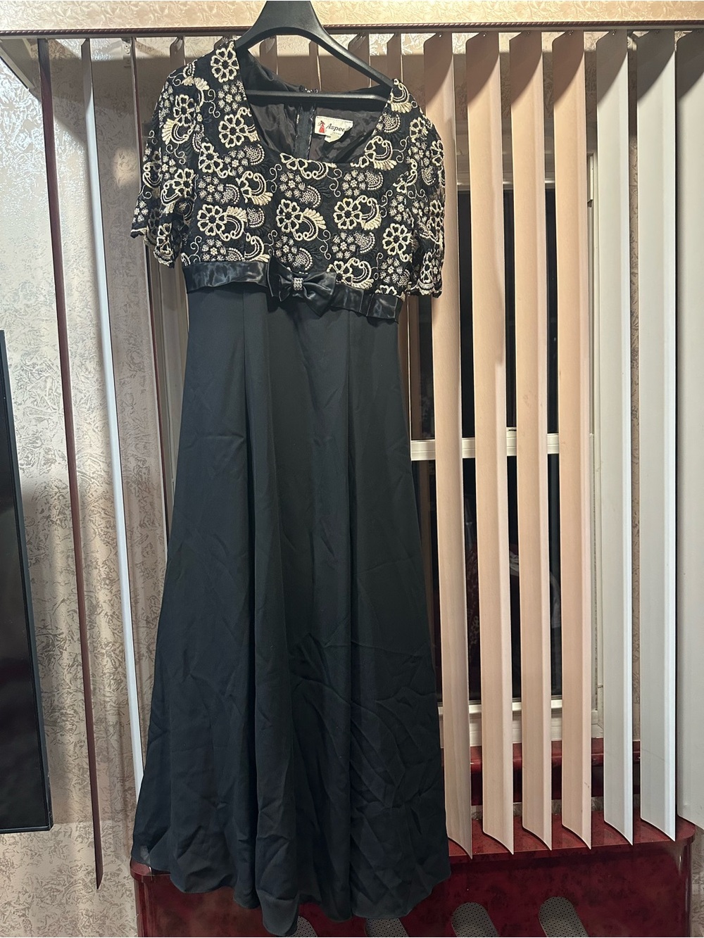 Black and White Floral Lace Accent Evening Dress